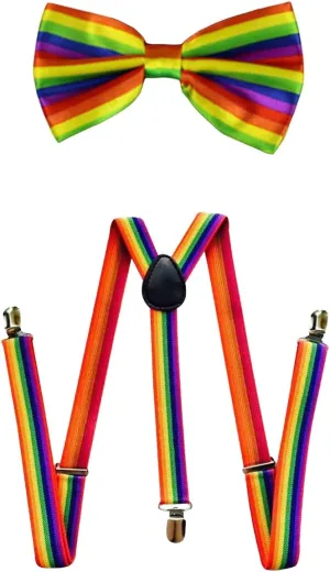 Suspenders Straps Rainbow Bow Tie Set Adjustable Elastic Y Style Suspenders Bowtie Necktie with Metal Clips for Party