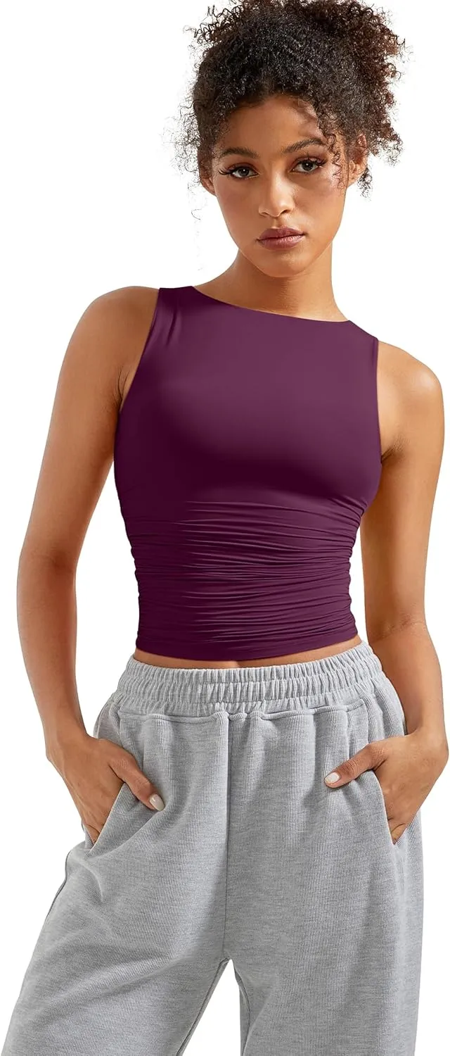 SUUKSESS Women Double Lined Going Out Basic Tank Tops Ruched Summer T Shirts