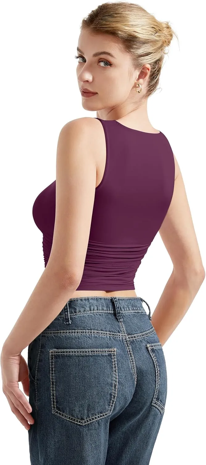 SUUKSESS Women Double Lined Going Out Basic Tank Tops Ruched Summer T Shirts