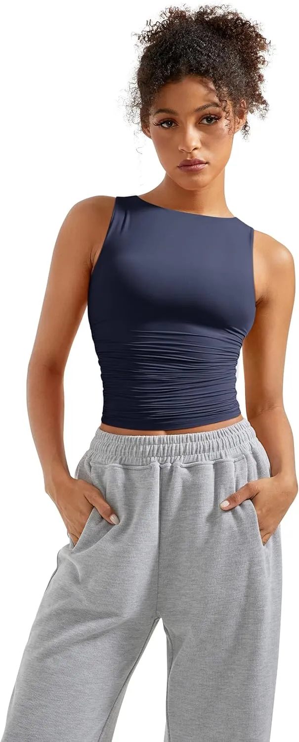 SUUKSESS Women Double Lined Going Out Basic Tank Tops Ruched Summer T Shirts