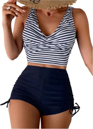 SweatyRocks Women's Striped Print Tankini Tank Tops and Tummy Control Shorts Bathing Suits
