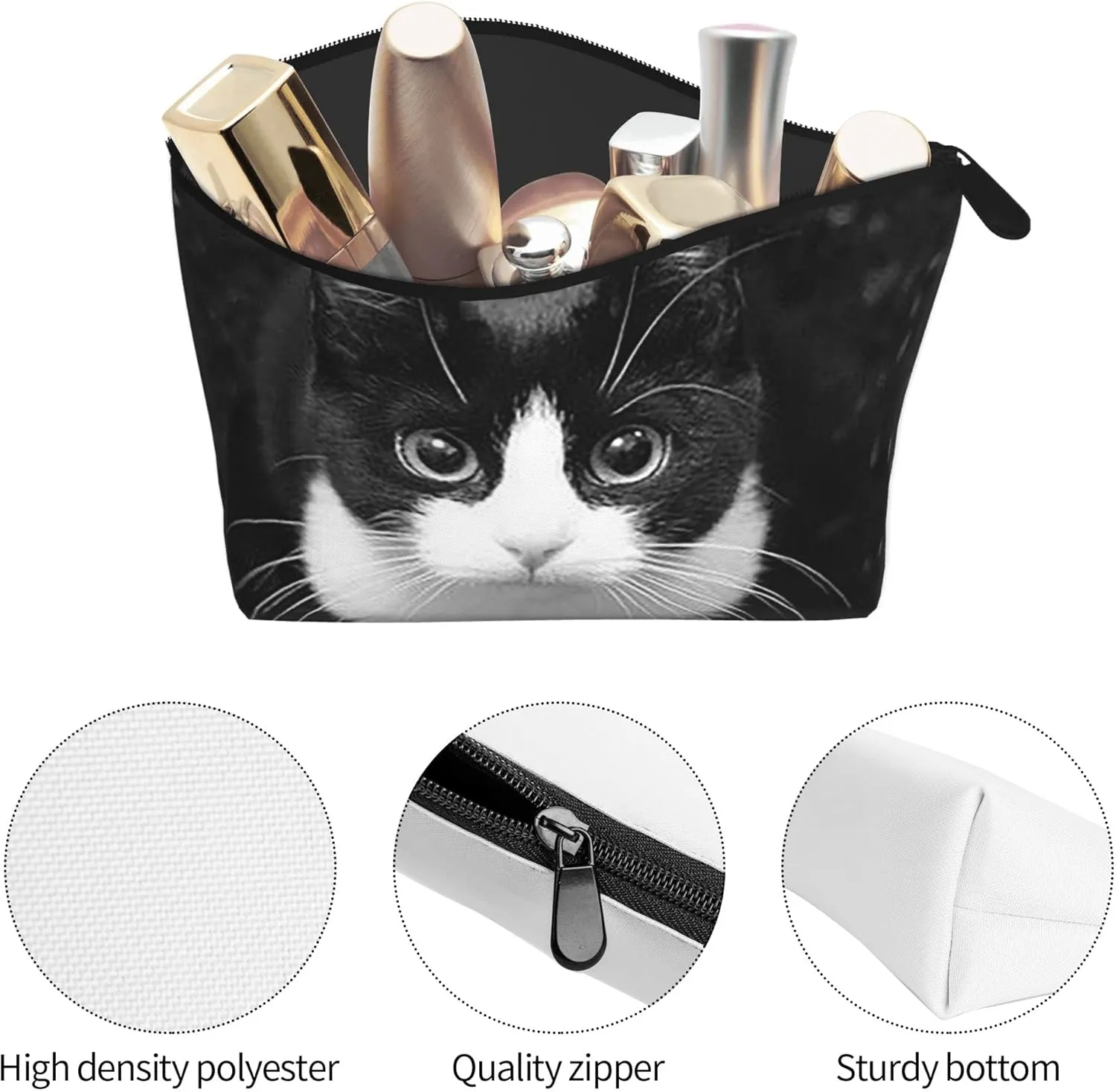 SWEET TANG Small Makeup Bag For Purse Waterproof Cosmetic Bag Travel Makeup Pouch With Zipper Storage Cosmetic Pouch (Black White Cat)