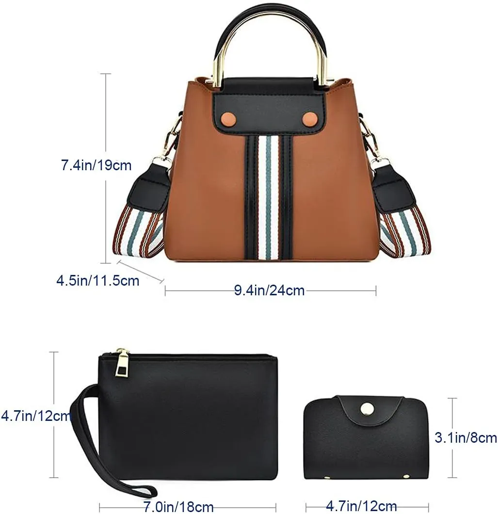 Synthetic PU Leather Tote for Women Satchel Crossbody Hobo Ribbon splicing 3pcs Handbags Shoulder Wallet Card Bag-Black