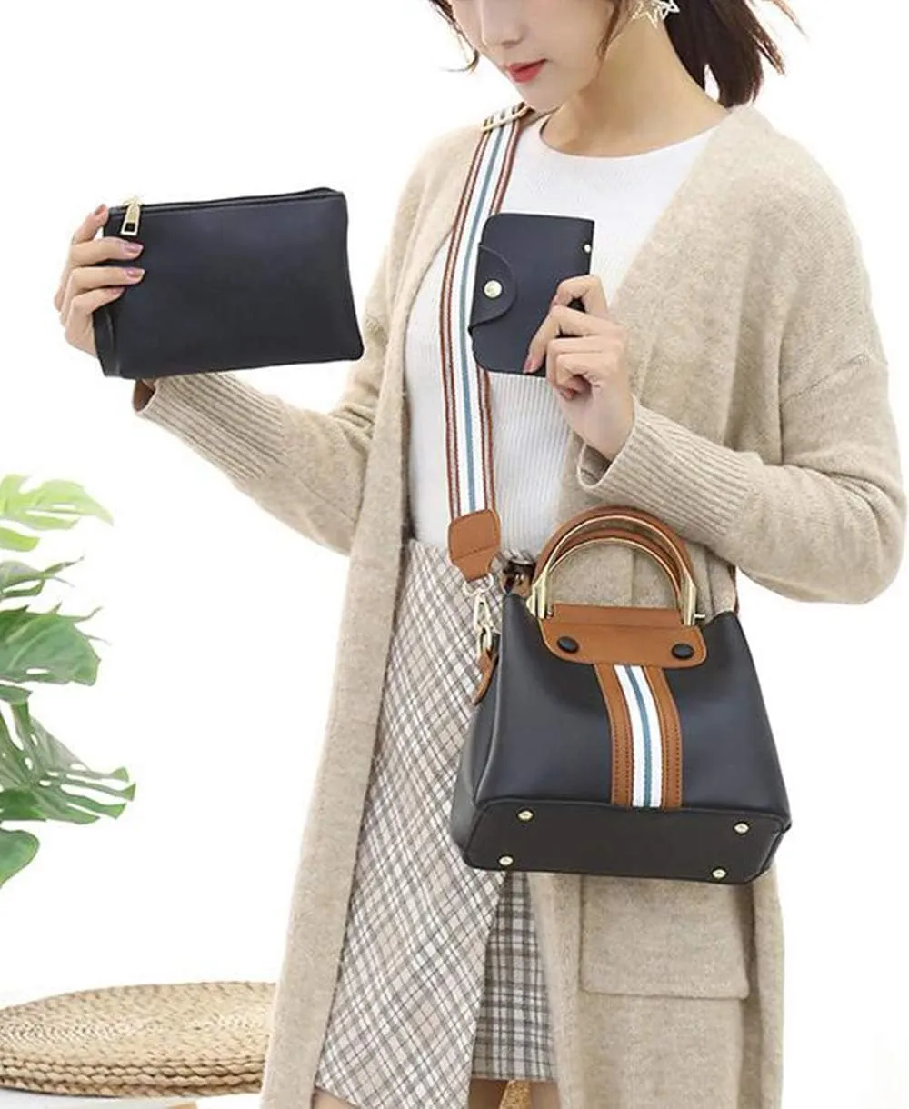 Synthetic PU Leather Tote for Women Satchel Crossbody Hobo Ribbon splicing 3pcs Handbags Shoulder Wallet Card Bag-Black