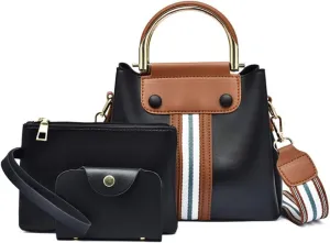 Synthetic PU Leather Tote for Women Satchel Crossbody Hobo Ribbon splicing 3pcs Handbags Shoulder Wallet Card Bag-Black