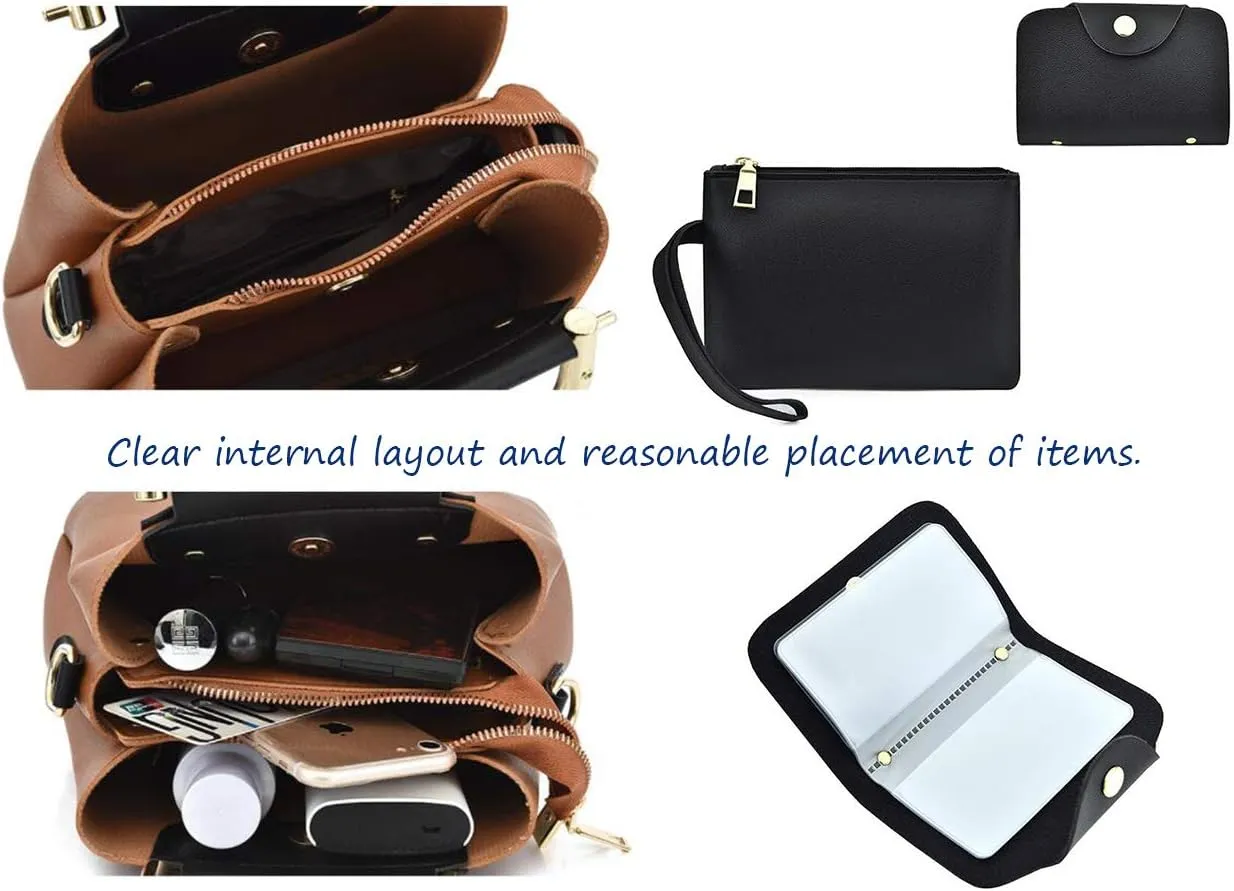 Synthetic PU Leather Tote for Women Satchel Crossbody Hobo Ribbon splicing 3pcs Handbags Shoulder Wallet Card Bag-Black