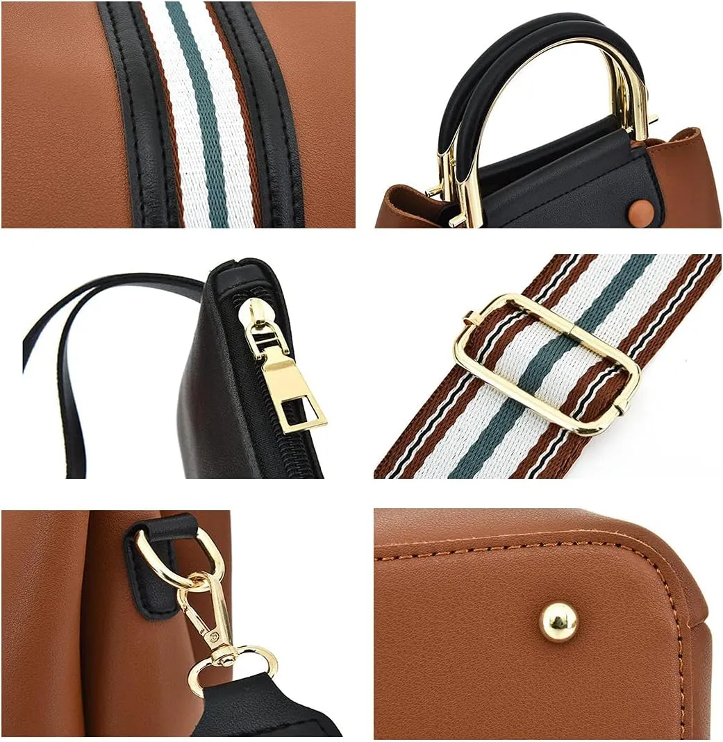 Synthetic PU Leather Tote for Women Satchel Crossbody Hobo Ribbon splicing 3pcs Handbags Shoulder Wallet Card Bag-Black