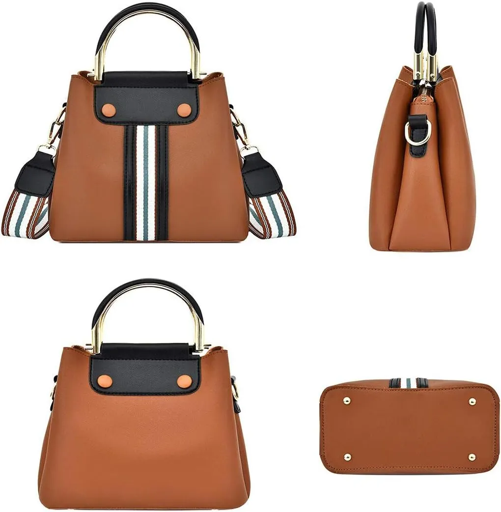Synthetic PU Leather Tote for Women Satchel Crossbody Hobo Ribbon splicing 3pcs Handbags Shoulder Wallet Card Bag-Black
