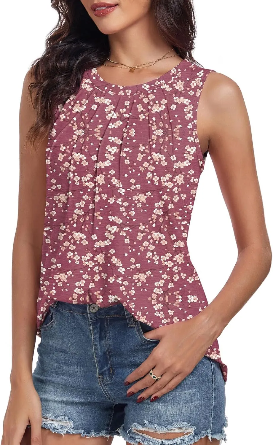 syoss Women's Summer Tank Tops Pleated Round Neck Sleeveless Tops