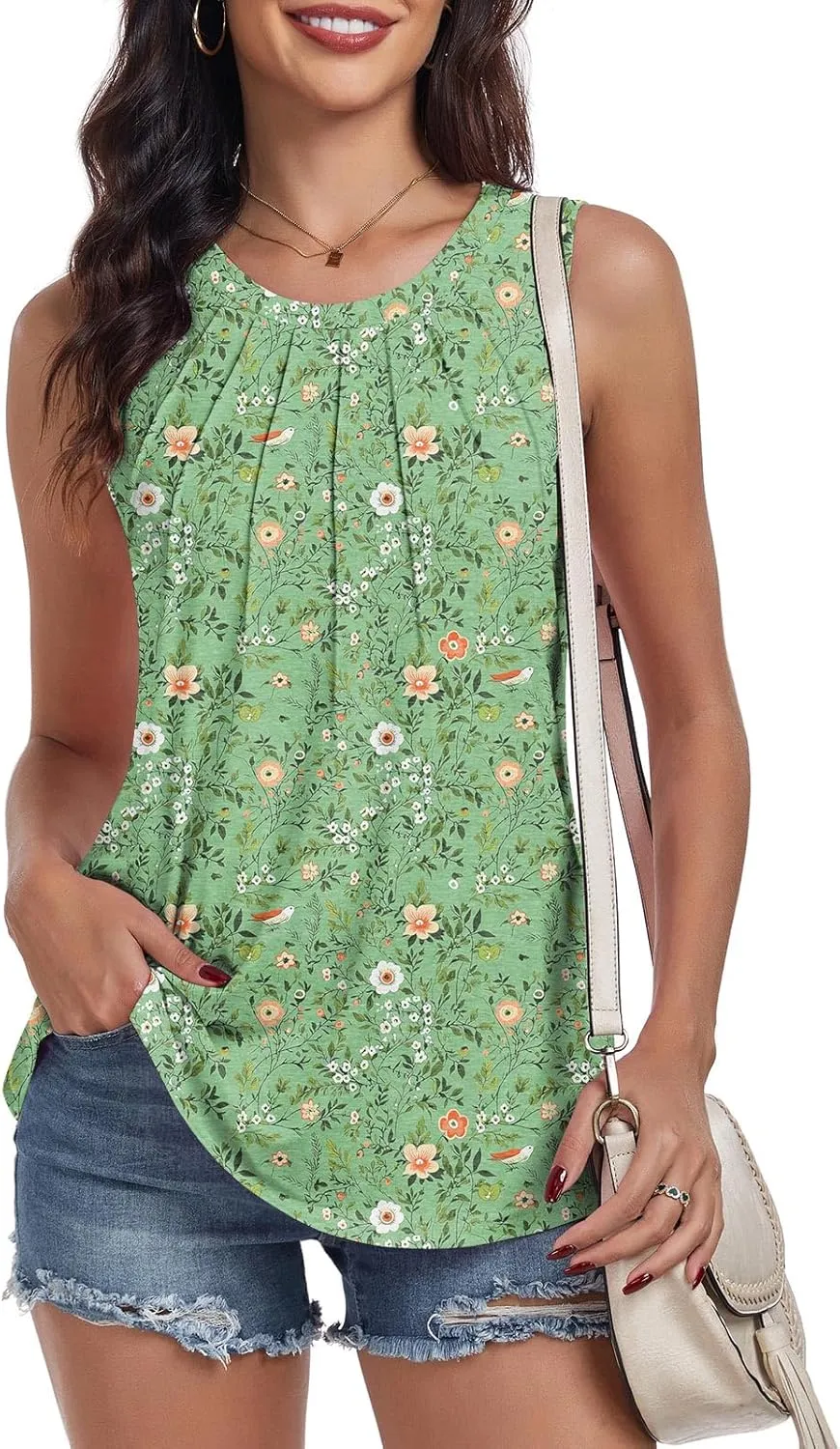 syoss Women's Summer Tank Tops Pleated Round Neck Sleeveless Tops
