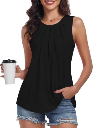 syoss Women's Summer Tank Tops Pleated Round Neck Sleeveless Tops