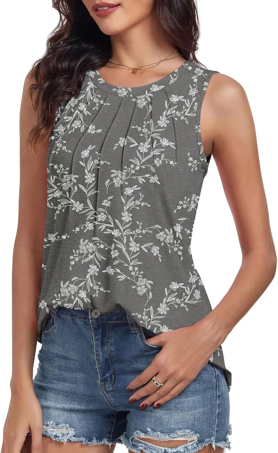 syoss Women's Summer Tank Tops Pleated Round Neck Sleeveless Tops