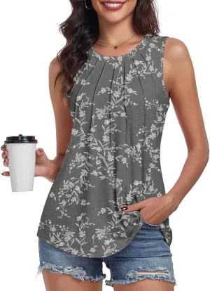 syoss Women's Summer Tank Tops Pleated Round Neck Sleeveless Tops