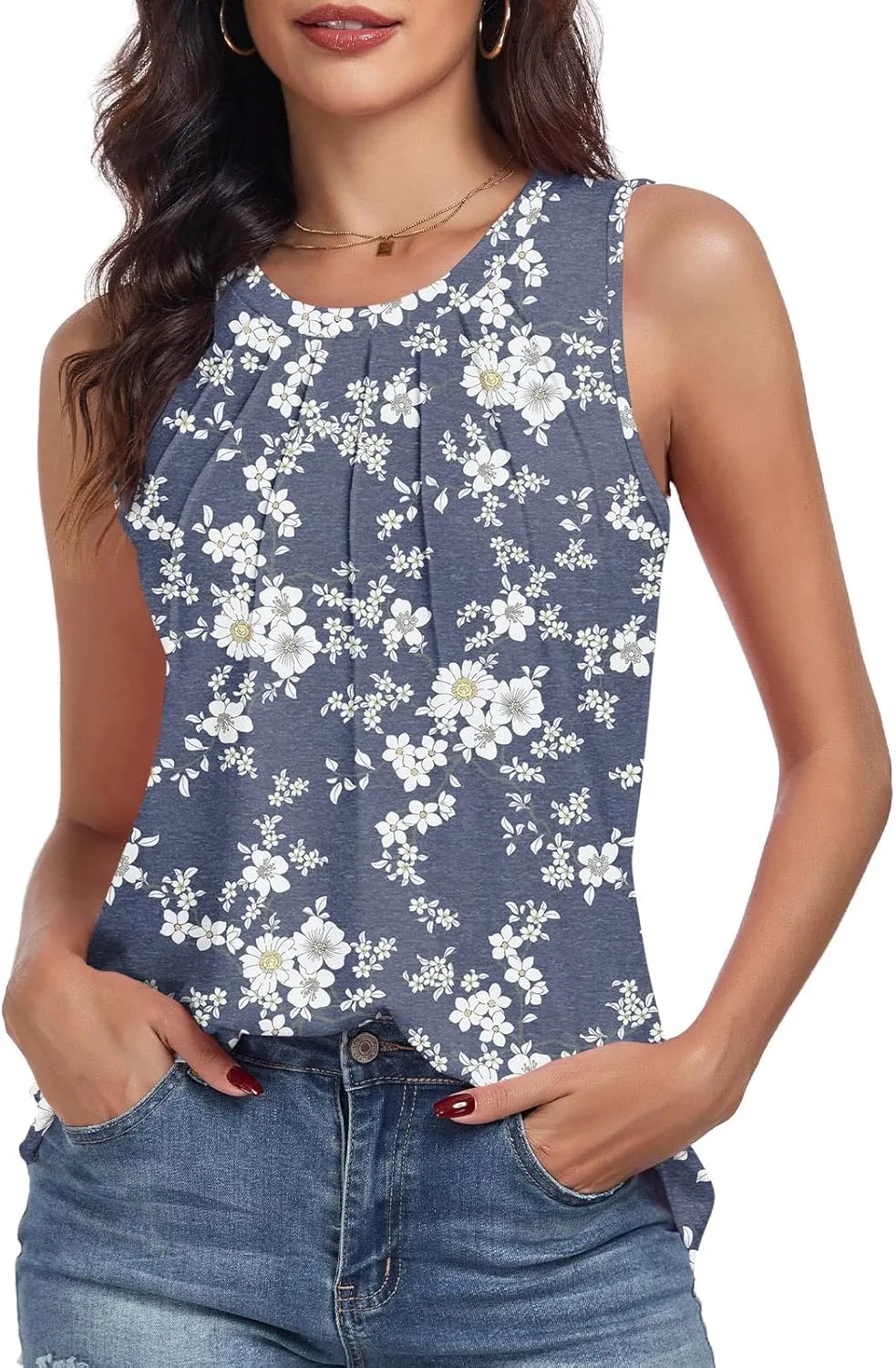 syoss Women's Summer Tank Tops Pleated Round Neck Sleeveless Tops
