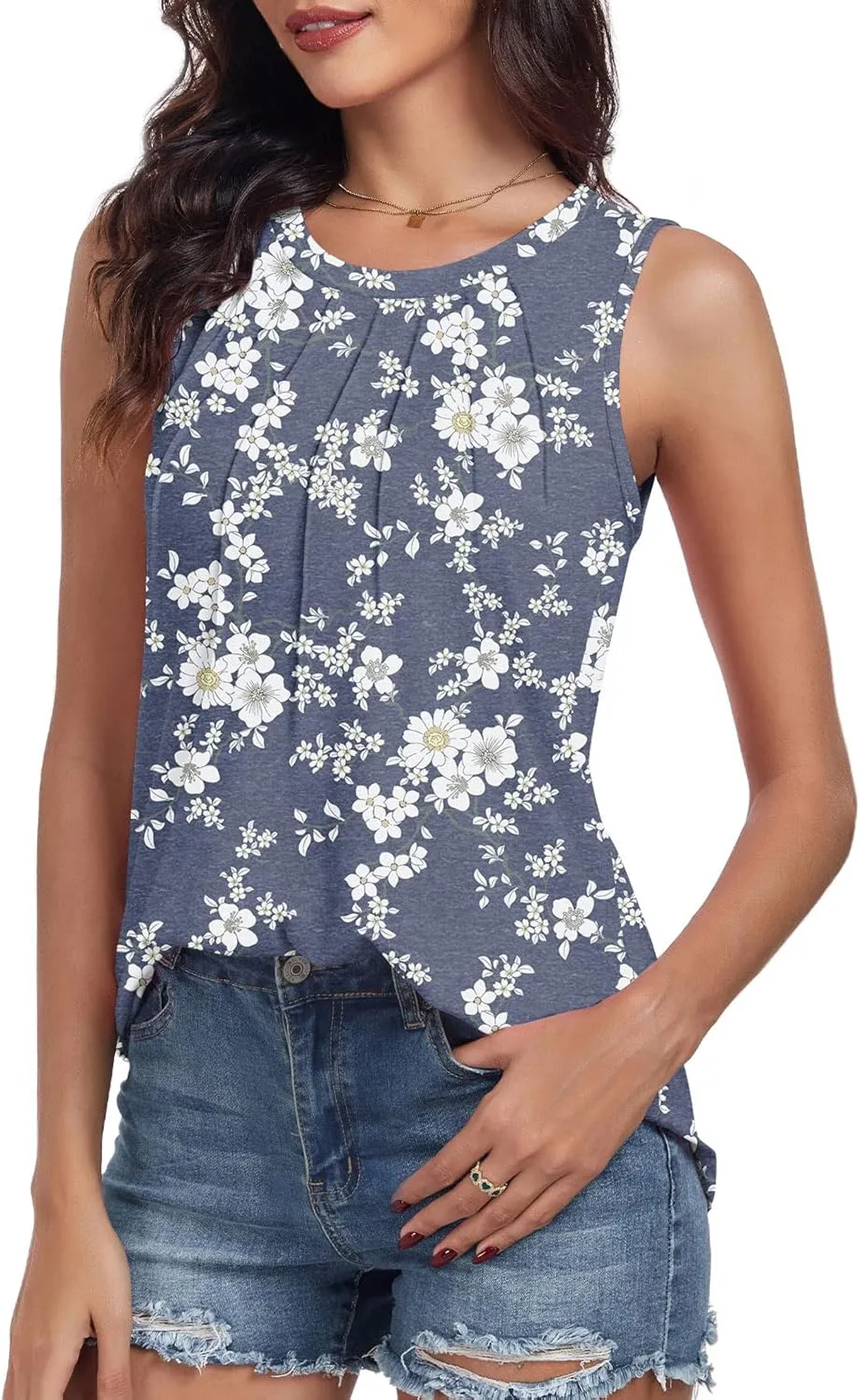 syoss Women's Summer Tank Tops Pleated Round Neck Sleeveless Tops