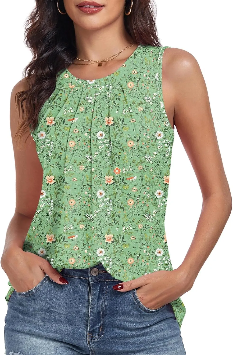 syoss Women's Summer Tank Tops Pleated Round Neck Sleeveless Tops