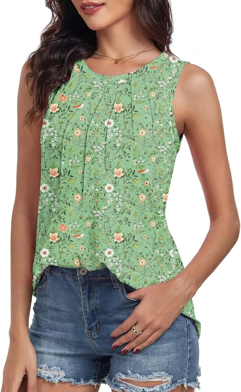 syoss Women's Summer Tank Tops Pleated Round Neck Sleeveless Tops