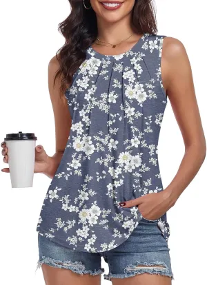 syoss Women's Summer Tank Tops Pleated Round Neck Sleeveless Tops