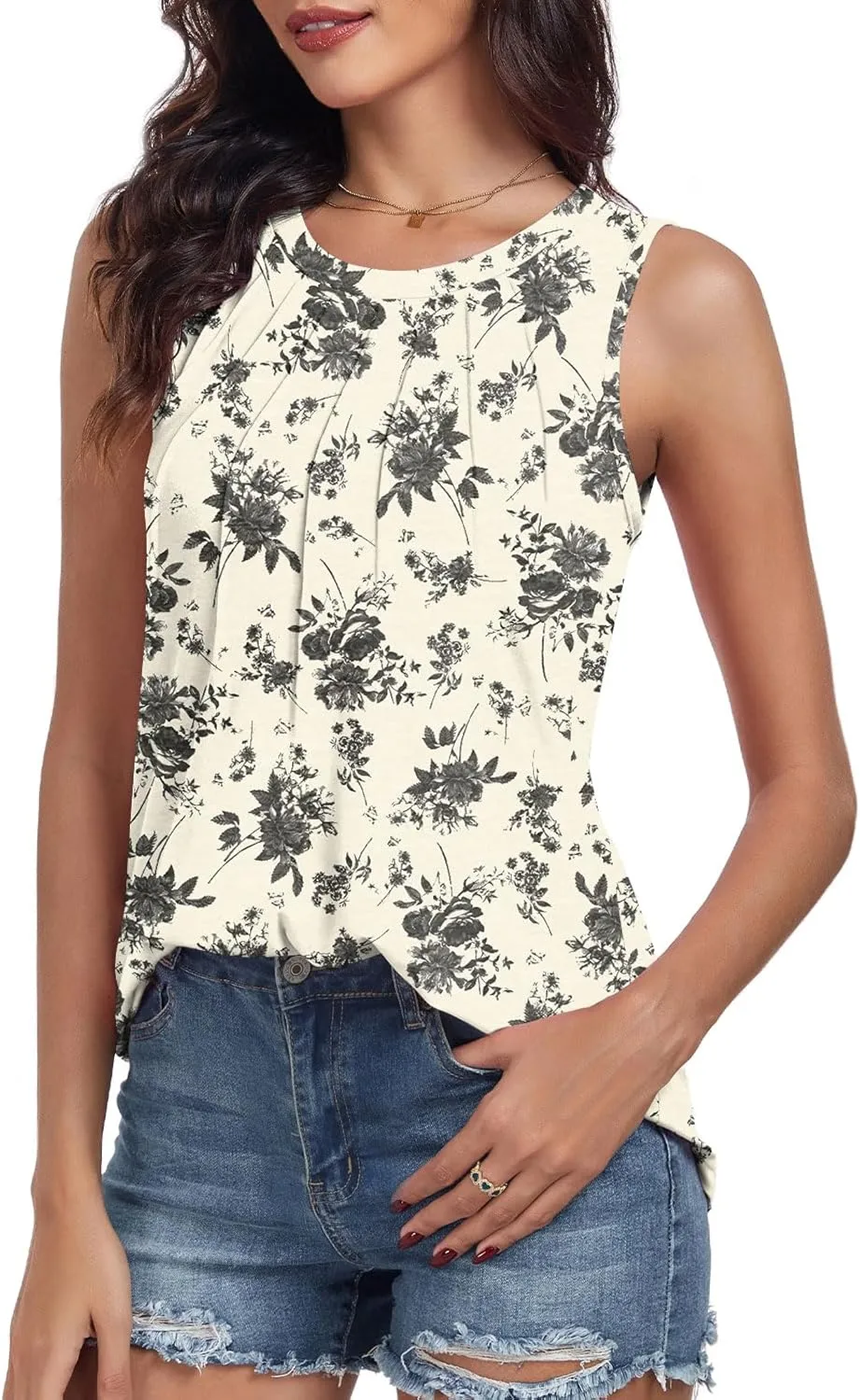 syoss Women's Summer Tank Tops Pleated Round Neck Sleeveless Tops