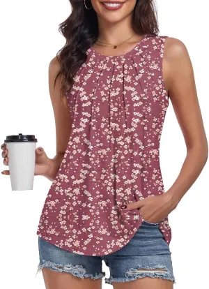 syoss Women's Summer Tank Tops Pleated Round Neck Sleeveless Tops