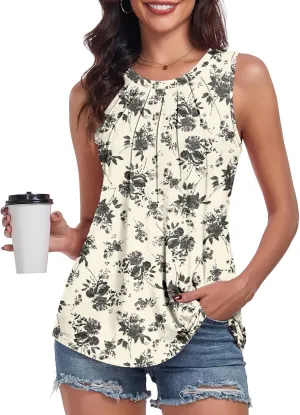 syoss Women's Summer Tank Tops Pleated Round Neck Sleeveless Tops