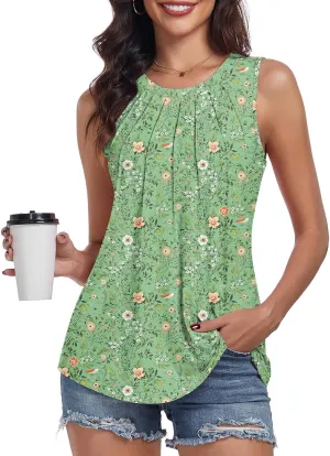 syoss Women's Summer Tank Tops Pleated Round Neck Sleeveless Tops