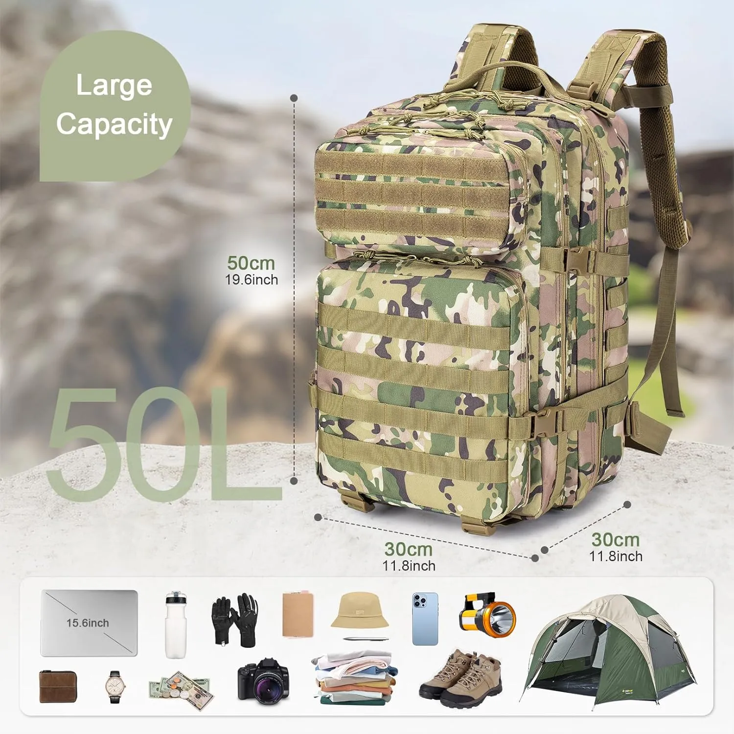 Tactical Military Backpack for Man, 50L Waterproof Army Pack Rucksack Hiking Laptop Backpack 3 Day Bug Out Bag, Includes Two Flags and Two Carabiner Camouflage