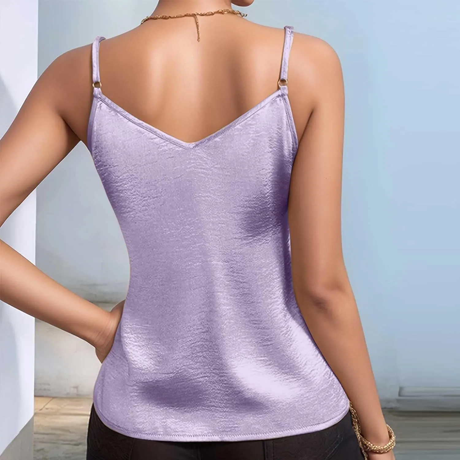 TANGNADE Metallic Tank Top for Women V Neck Camisole Sleeveless Tank Cami Shirt Summer Vacation Travel Beach Outfits