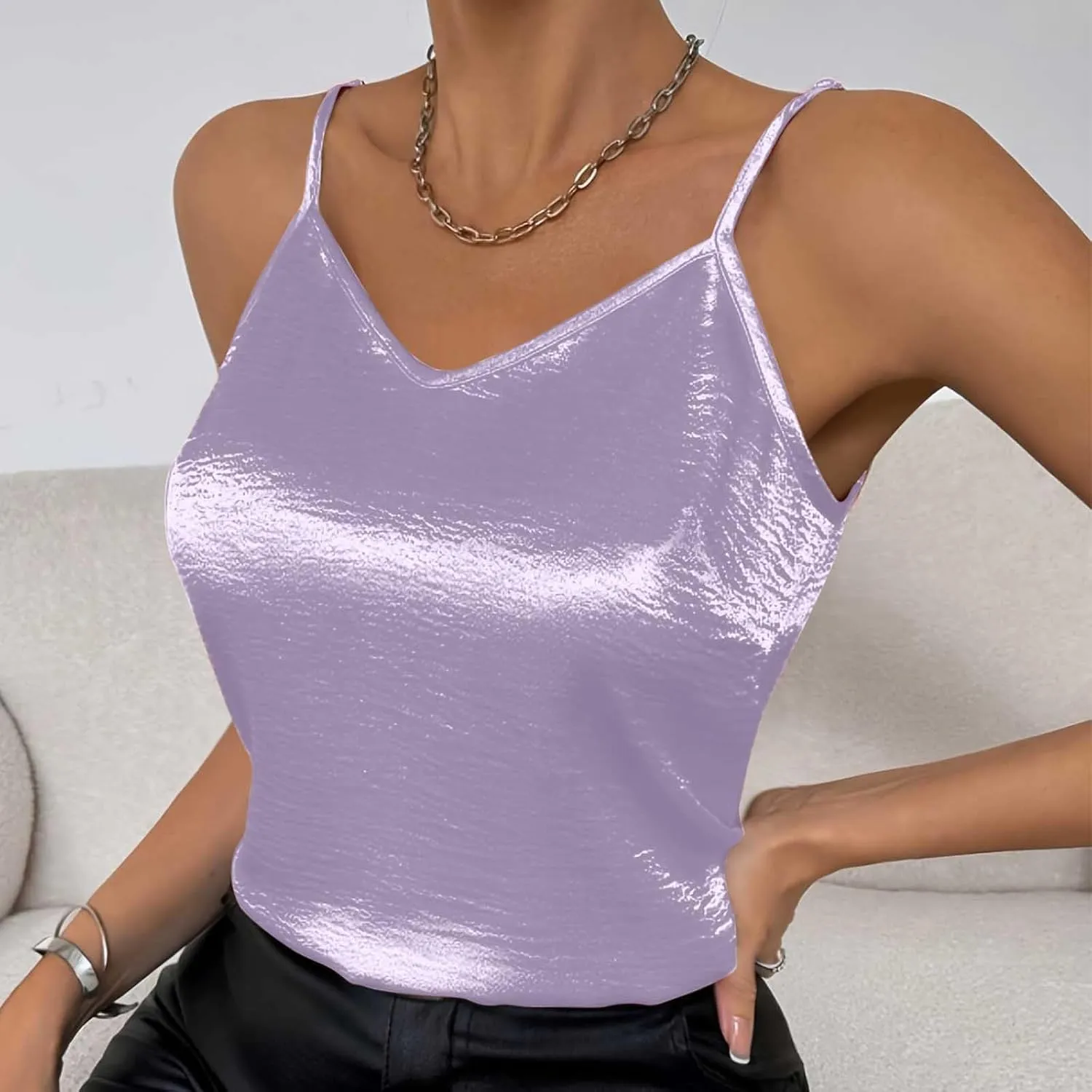 TANGNADE Metallic Tank Top for Women V Neck Camisole Sleeveless Tank Cami Shirt Summer Vacation Travel Beach Outfits