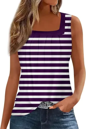 Tank Tops for Women Ruffled Square Neck Summer Pleated Sleeveless Vest Curved Hem Relaxed Fit Holiday Camisole