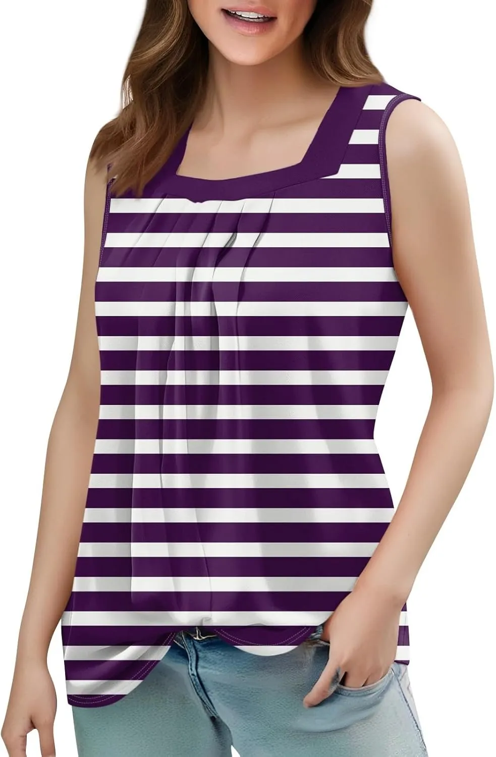 Tank Tops for Women Ruffled Square Neck Summer Pleated Sleeveless Vest Curved Hem Relaxed Fit Holiday Camisole