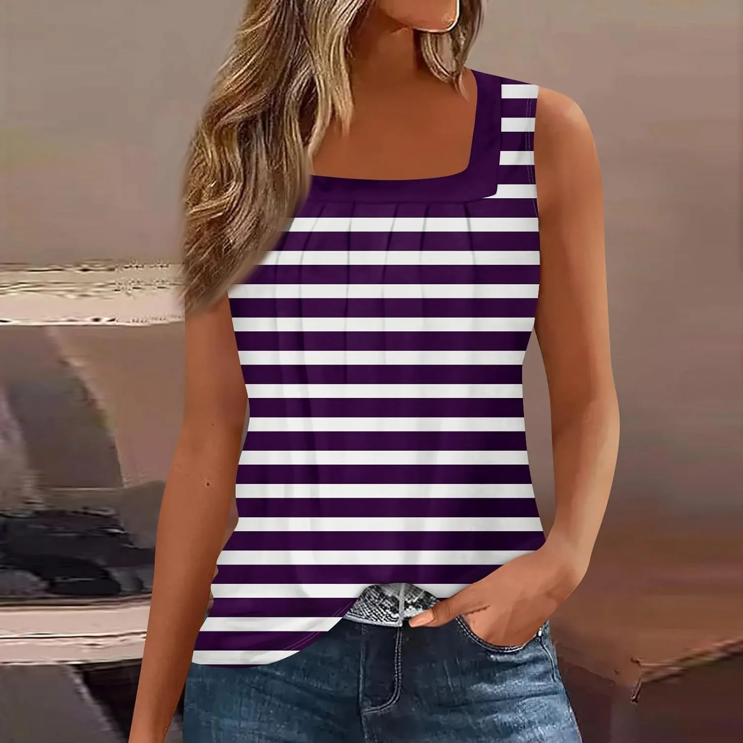 Tank Tops for Women Ruffled Square Neck Summer Pleated Sleeveless Vest Curved Hem Relaxed Fit Holiday Camisole