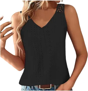 Tank Tops for Women Sleeveless Eyelet Embroidery Shirts V Neck Cute Summer Tops Loose Fit Dress Casual Flowy Blouses