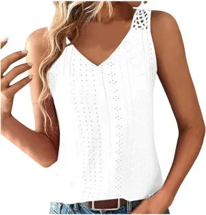 Tank Tops for Women Sleeveless Eyelet Embroidery Shirts V Neck Cute Summer Tops Loose Fit Dress Casual Flowy Blouses