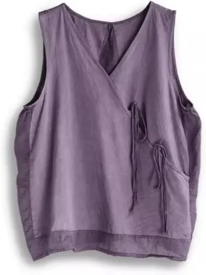 Tank Tops for Women Sleeveless Summer Tops New Chinese Vest Tops V Neck Tie Up Blouses Shirts