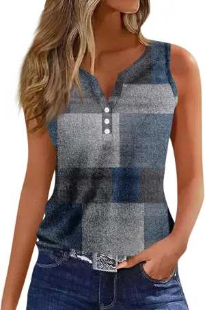 Tank Tops for Women Summer V Neck Tops Casual Button Down Floral Printed Shirts Loose Fit Sleeveless Cute T Shirts
