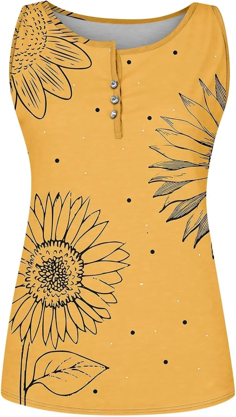 Tank Tops for Women Summer V Neck Tops Casual Button Down Floral Printed Shirts Loose Fit Sleeveless Cute T Shirts