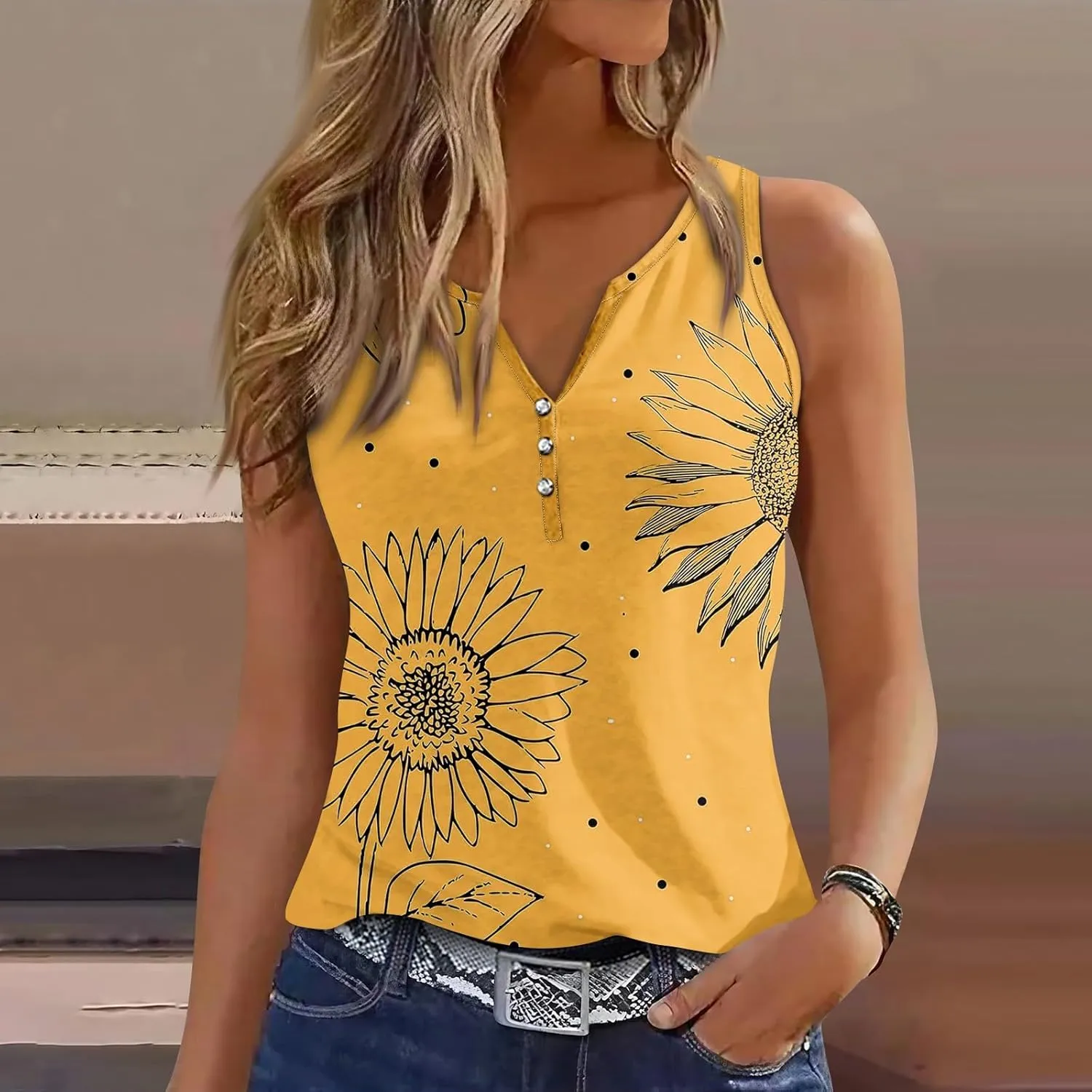 Tank Tops for Women Summer V Neck Tops Casual Button Down Floral Printed Shirts Loose Fit Sleeveless Cute T Shirts