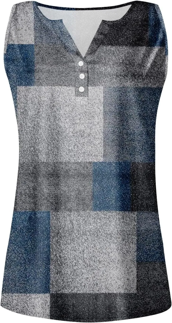 Tank Tops for Women Summer V Neck Tops Casual Button Down Floral Printed Shirts Loose Fit Sleeveless Cute T Shirts