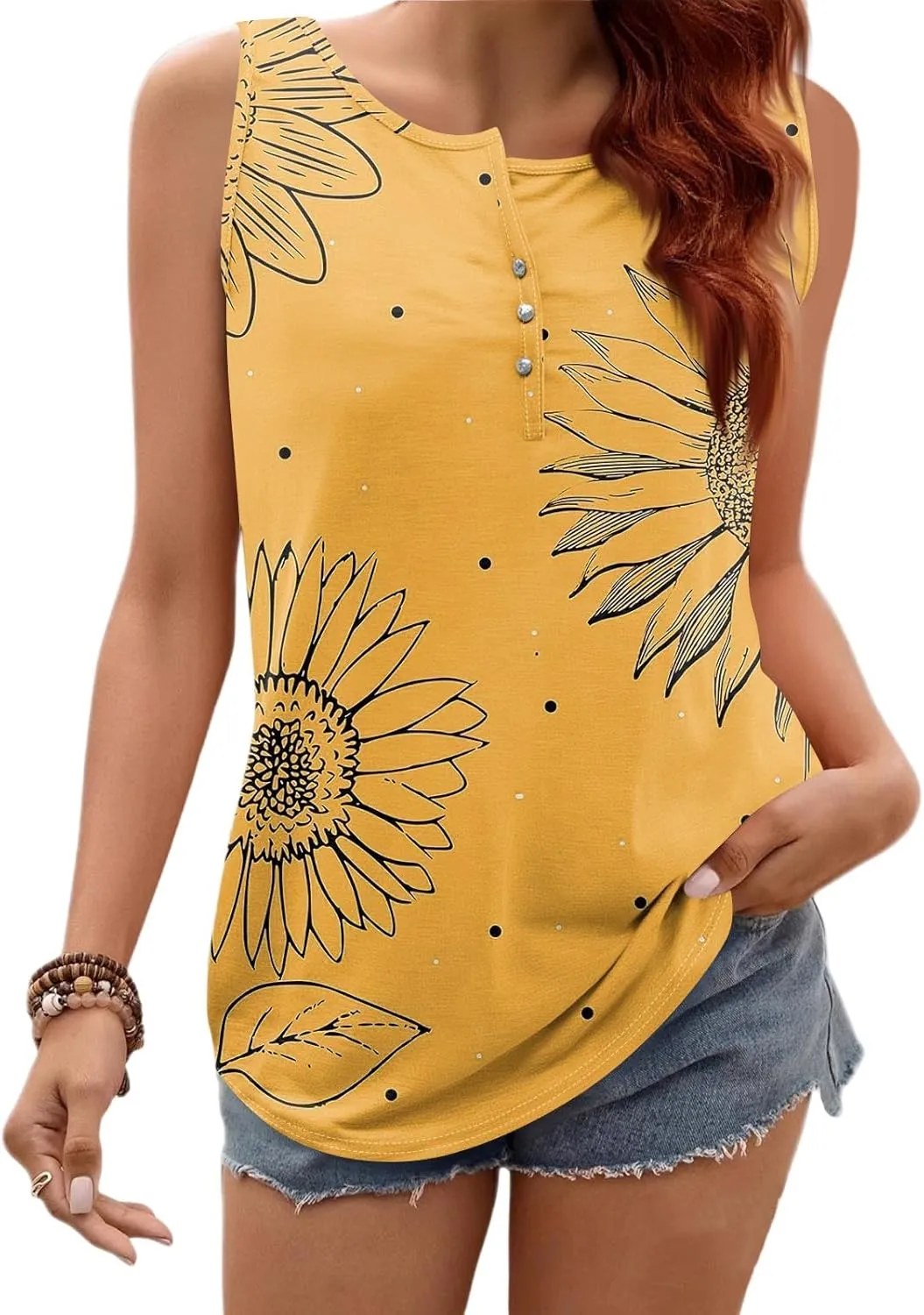 Tank Tops for Women Summer V Neck Tops Casual Button Down Floral Printed Shirts Loose Fit Sleeveless Cute T Shirts