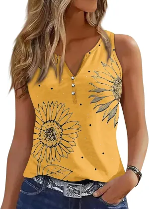 Tank Tops for Women Summer V Neck Tops Casual Button Down Floral Printed Shirts Loose Fit Sleeveless Cute T Shirts