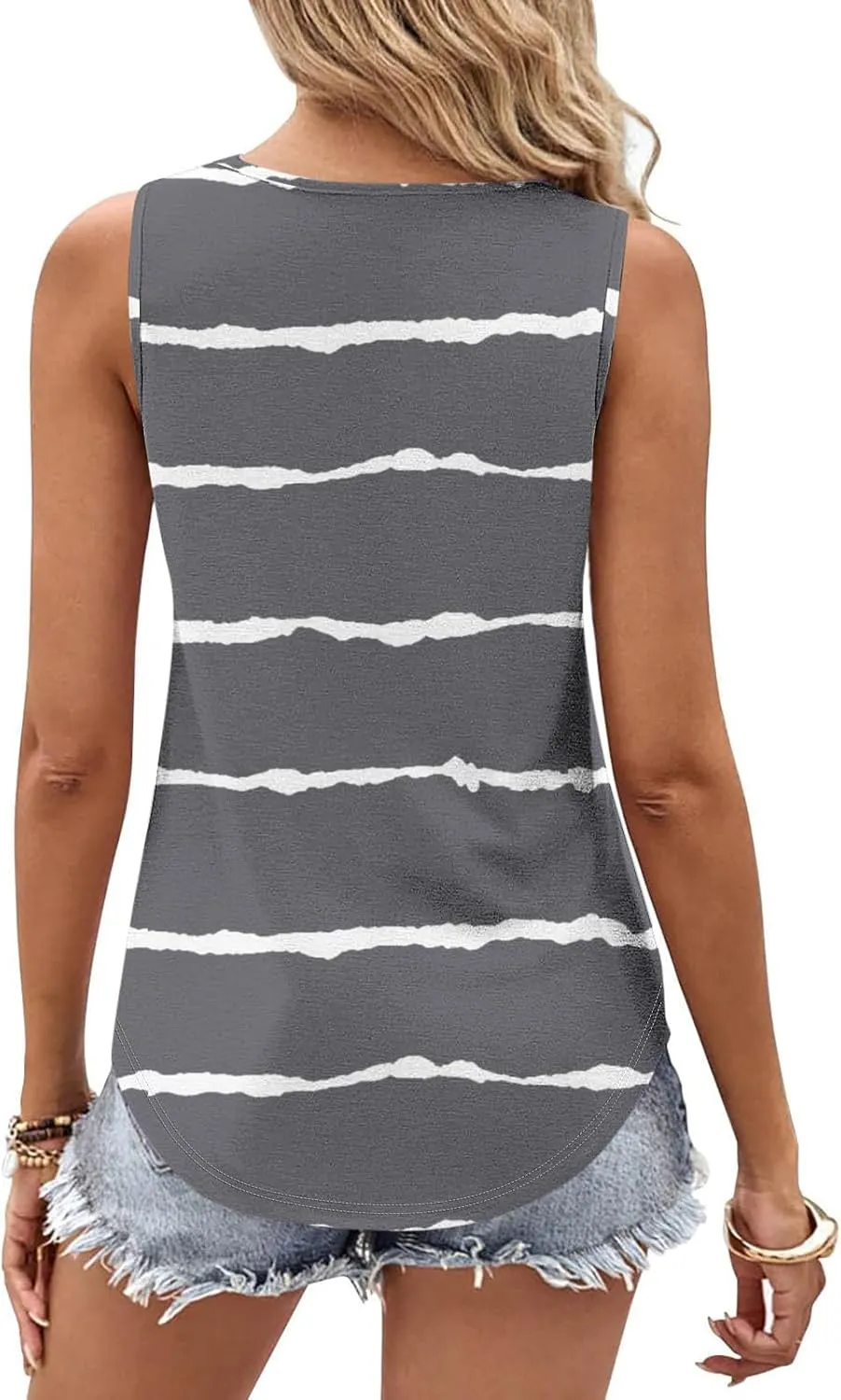 Tank Tops Women Striped Print Sleeveless Blouse Summer Hollow Out V Neck Camisoles Loose Fit Pleated Casual T-Shirt 2025