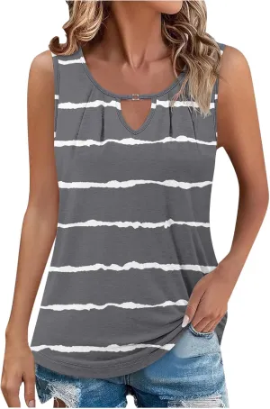 Tank Tops Women Striped Print Sleeveless Blouse Summer Hollow Out V Neck Camisoles Loose Fit Pleated Casual T-Shirt 2025