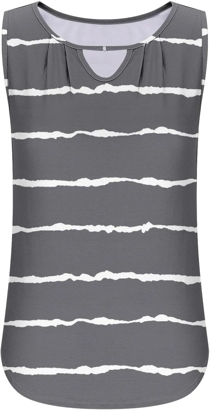 Tank Tops Women Striped Print Sleeveless Blouse Summer Hollow Out V Neck Camisoles Loose Fit Pleated Casual T-Shirt 2025