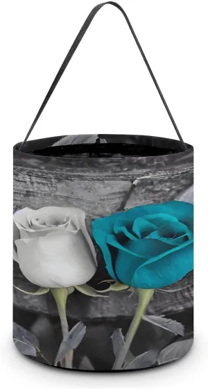 Teal Gray Rose Halloween Tote Candy Bag Candy Basket Candy Bucket Gift Bag for Halloween Party