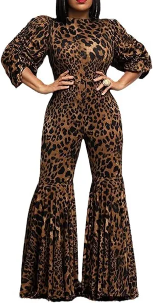 THLAI Jumpsuits for Women Sexy Leopard Print Long Sleeve Flared Pants Bell Bottoms Party Club One Piece Jumpsuit Romper