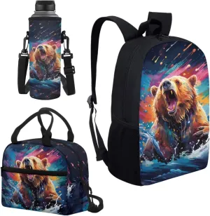 Tie-dye Bear Print Backpack for Boys Girls Back to School Shoulder Bookbags, Insulated Thermal Lunch Totes, Cooler Water Bottle Sleeve, 3pcs/set