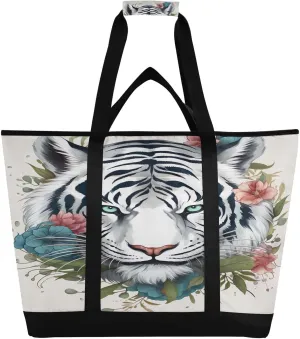Tigers White Tote Bag for Women with Zipper Reusable Grocery Bags Foldable Insulated Cooler Bag Handbags Totes Shopping Bags for Groceries Picnic Travel Work Beach