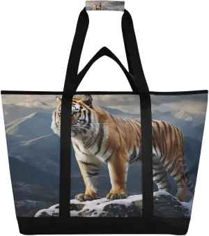 Tigers Winter Tote Bag for Women with Zipper Reusable Grocery Bags Foldable Insulated Cooler Bag Handbags Shopping Bags Totes for Groceries Picnic Beach Travel Work