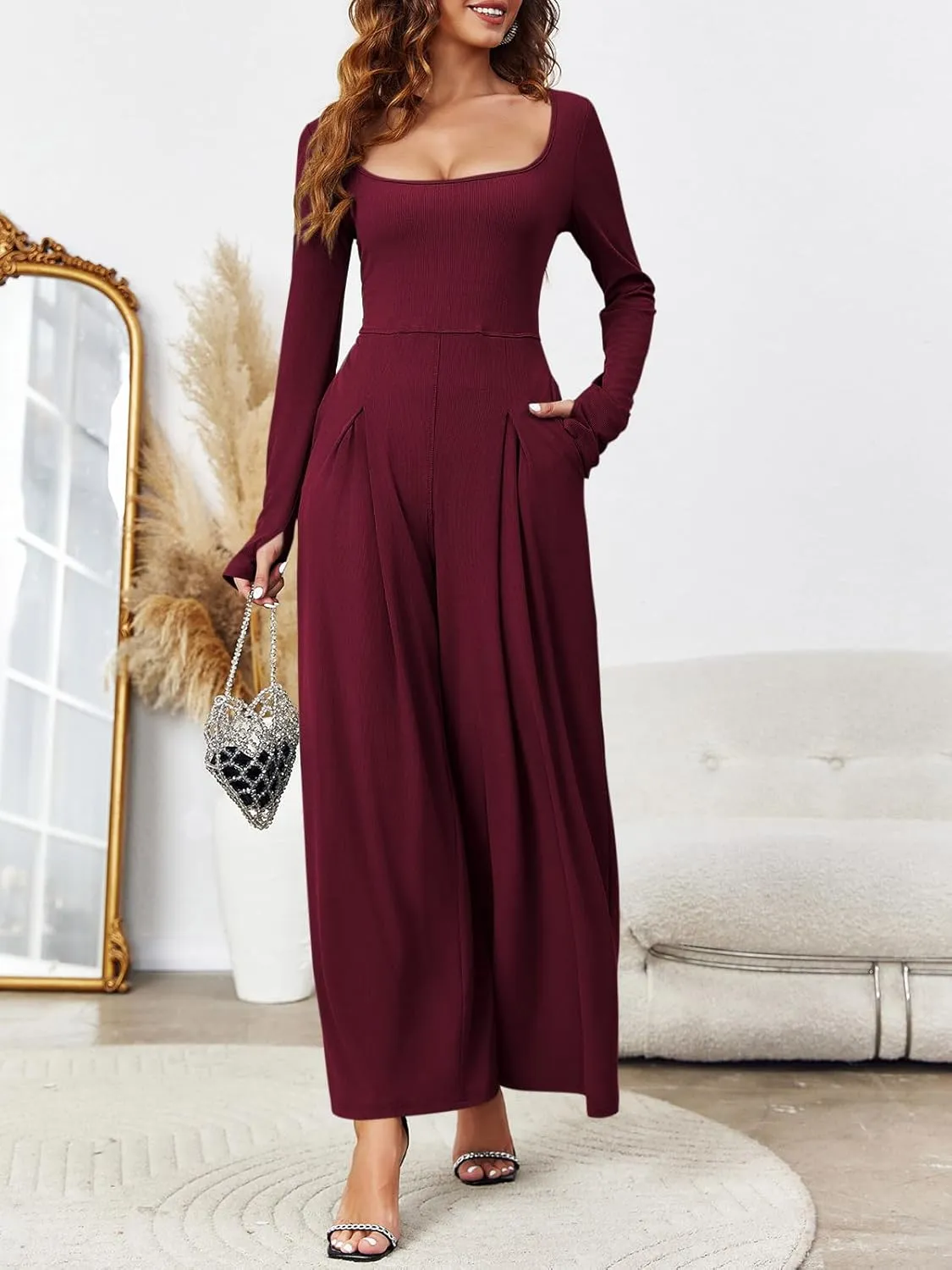 Tongmingyun Women's Dressy Casual Jumpsuits Long Sleeve Wide Leg Loose Square Neck Pleated Long Pant Romper with Pockets